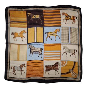 Equestrian Silky Smooth Polyester Scarf Vintage 27X27 Inches Golden Tones